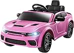 12V 7Ah Kids Electric Ride on Car, Licensed Dodge Charger SRT Hellcat, Battery Powered 4-Wheels Toy Car Electric Vehicle for Kids with Remote Control, 3 Speeds, LED Lights, Music (Pink)