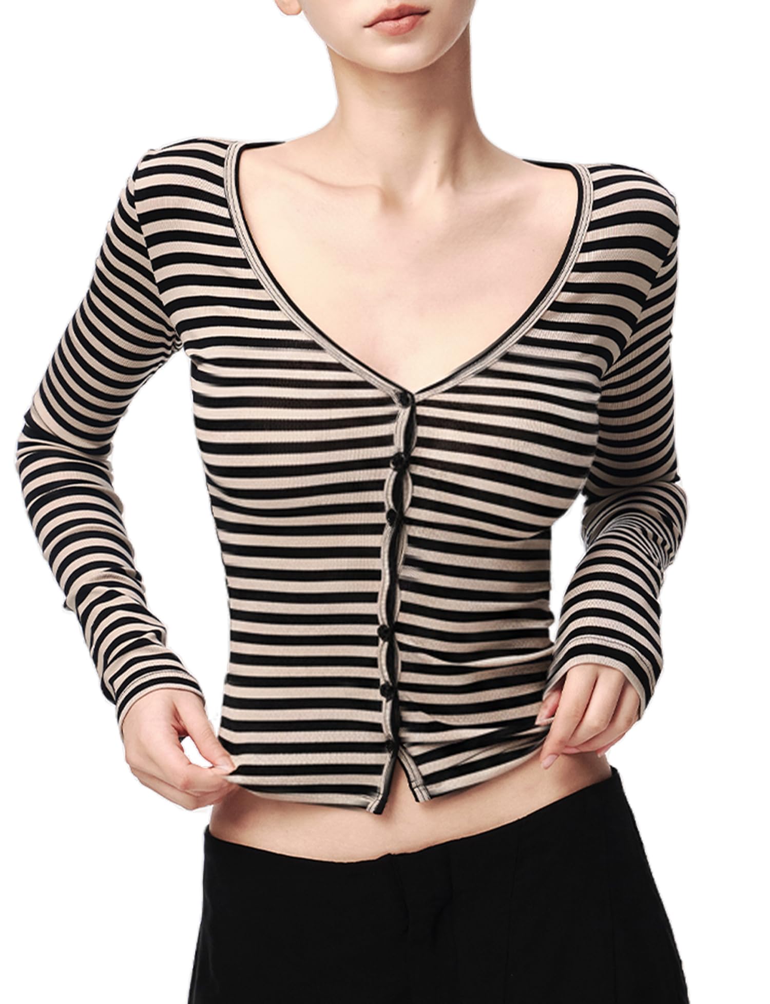 Long Sleeve Tops for Women V-Neck Striped Shirts Slim-Fit Stretch T Shirts Going Out Tops Y2K
