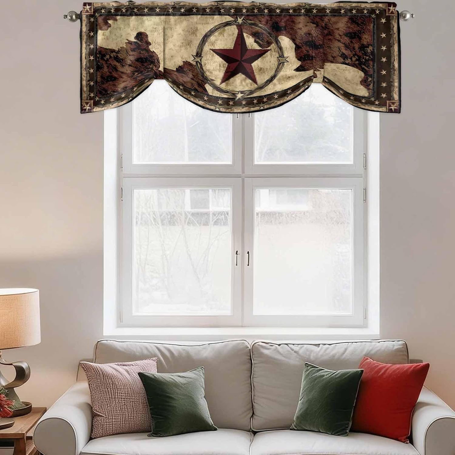 Western Texas Star Tie Up Valance Curtains for Windows, Kitchen Curtains Window Shades, Retro Rustic Brown Farmhouse Light Filtering Roman Curtain Valances for Bedroom/Bathroom/Cafe 42''x18''
