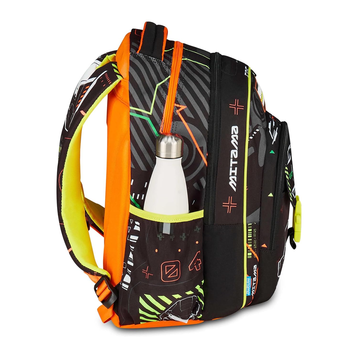 Mitama Zaino Scuola FLUO BATTLE, New Plus, Triplo Scomparto, Tasche Porta Borraccia, Spallacci Ergonomici, Scuola Elementare Bambino, Media