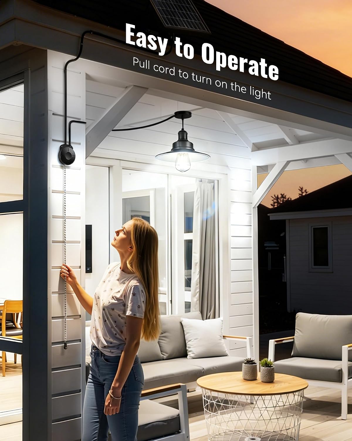 Solar Pendant Light Indoor Outdoor, Solar Shed Light IP65 Waterproof Metal Powered Hanging Chandelier, Gazebo Lights with Pull Cord for Garden, Chicken Coop, Gazebo, Barn-White 2Paks