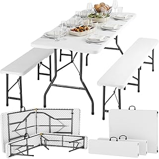 tectake® 3-teiliges Gartenmöbel Set, klappbarer Campingtisch mit 2X Bierbank, Balkonmöbel, Garten oder Terrassentisch Set, Bierzeltgarnitur, mit Tragegriffen, 180cm lang (weiß)