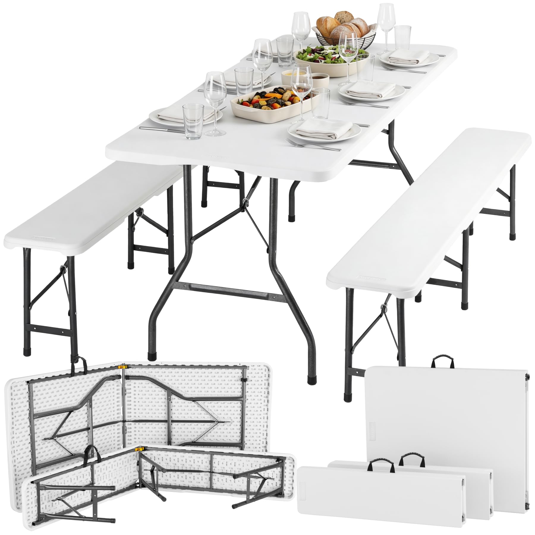 tectake® Conjunto Jardin Exterior con Mesa Plegable Camping 180 x 70 x 74 cm y 2 Banco Jardin Exterior 180 x 27,5 x 42 cm, hasta 8 Personas, Accesorios Camping, Mesa Auxiliar - Blanco