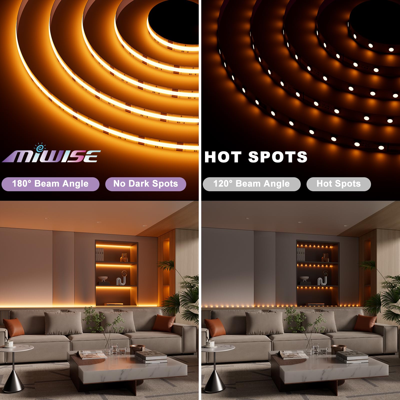 MIWISE RGB COB LED Strip Light 32.8ft/10m,Color Changing Dimmable Strip Light DC24V,Multicolor Flexible Tape Light 10mm Width,for TV,Bedroom,Party DIY Decoration(Power Supply&Controller NOT Included)