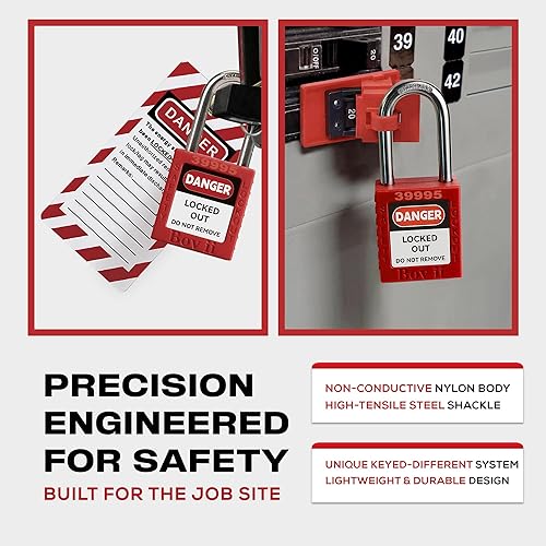 Miniatura 7 de Juego de cerraduras de bloqueo y etiquetado  10 candados de seguridad rojos con llave diferente, 2 llaves por cerradura, cerraduras de loto