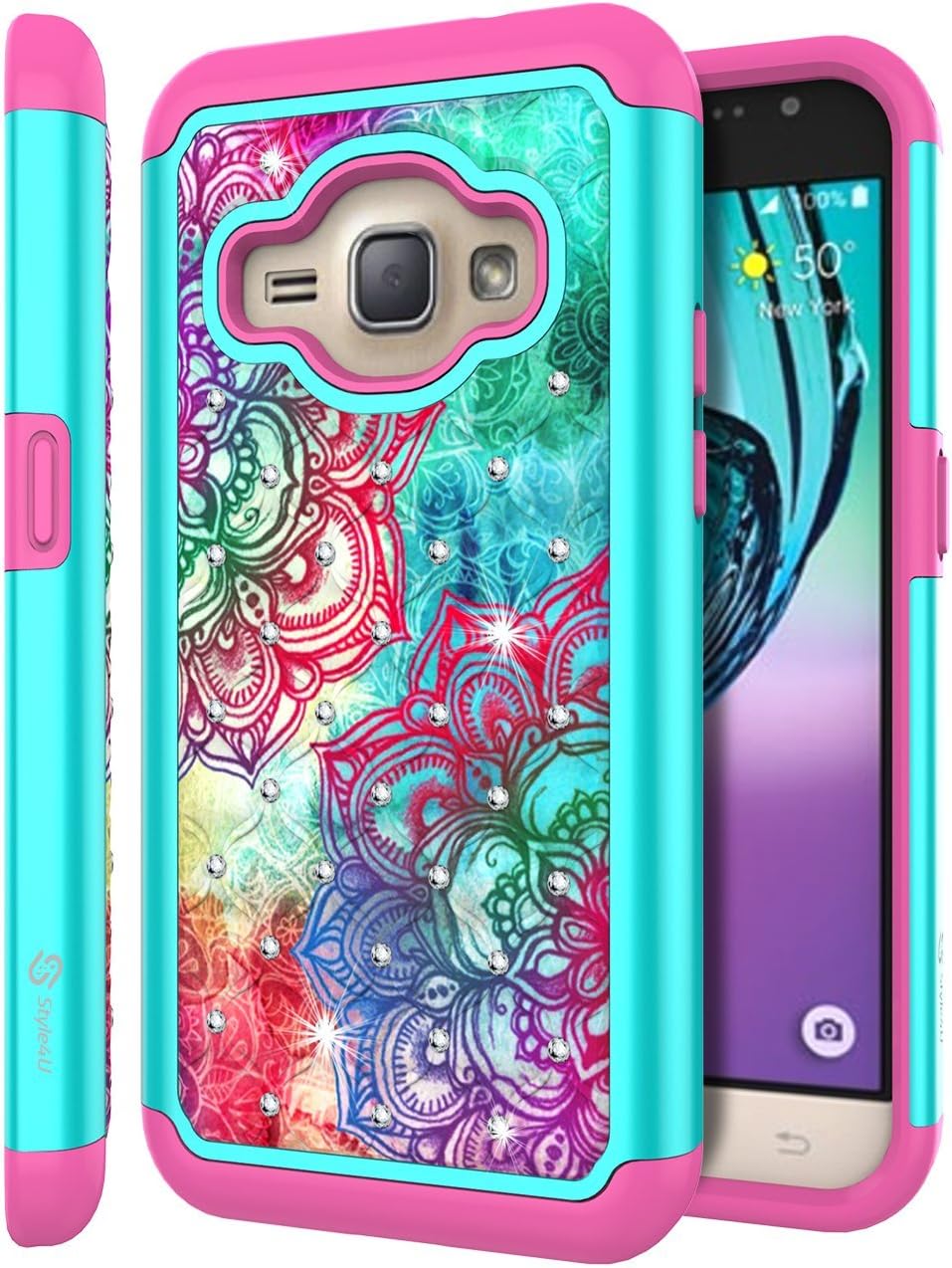 Galaxy J1 2016 Case, Galaxy Express 3 Case, Style4U Flower Studded Rhinestone Crystal Bling Hybrid Armor Case for Galaxy J1 2016/Galaxy Express 3/Galaxy Amp 2/Galaxy Luna with 1 Stylus [Teal/Hot Pink]