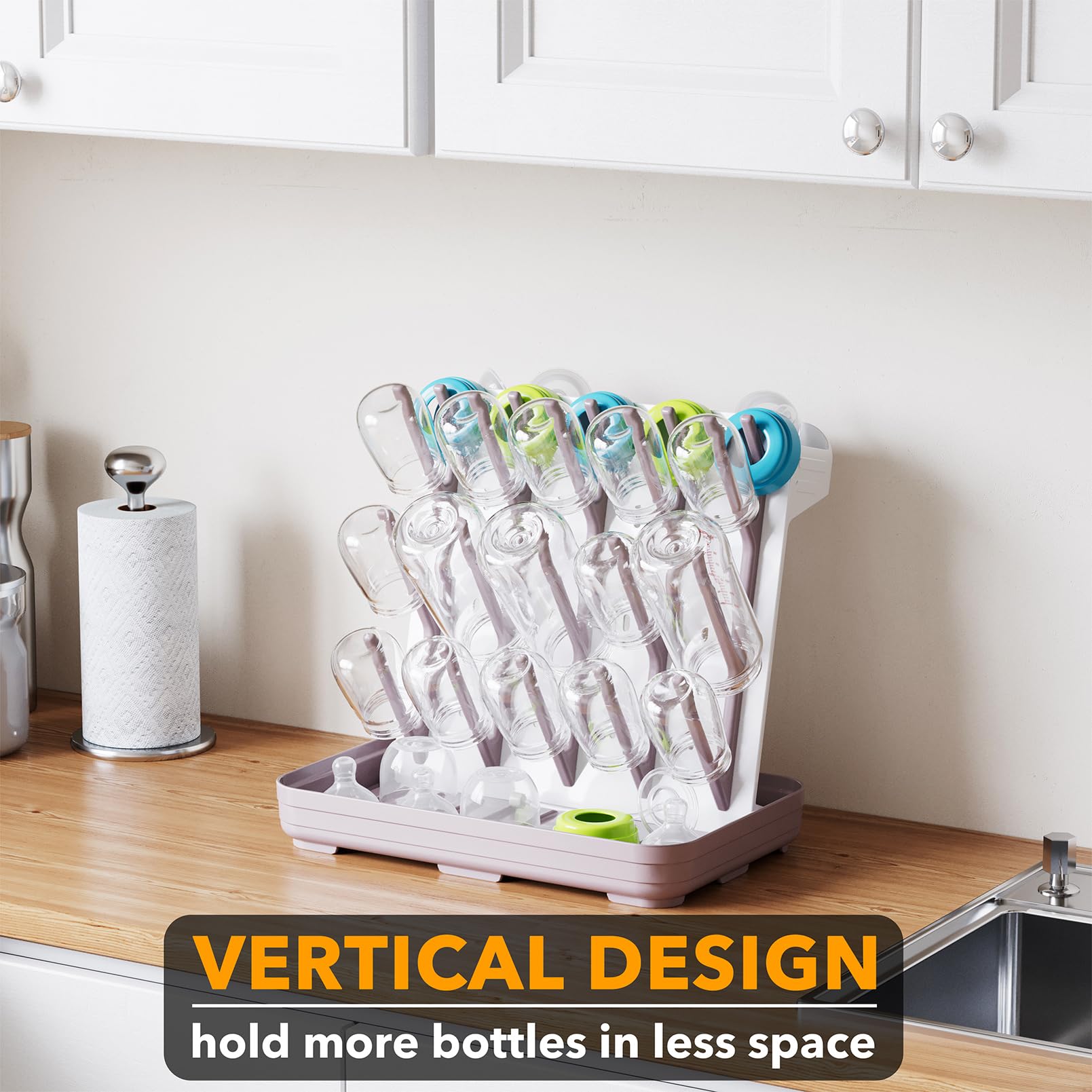 SpaceAid Égouttoir Vertical pour biberons de bébé avec 20 Crochets, économiseur d'espace pour Bouteilles de Cuisine, Organiseur Vertical pour Accessoires de Rangement de comptoir (Blanc et Taupe)