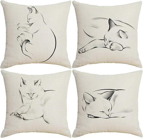 HOSTECCO Juego de 4 fundas de almohada con diseño de gatos de 18 x 18 pulgadas, fundas de almohada decorativas con diseño de animales para mascotas,