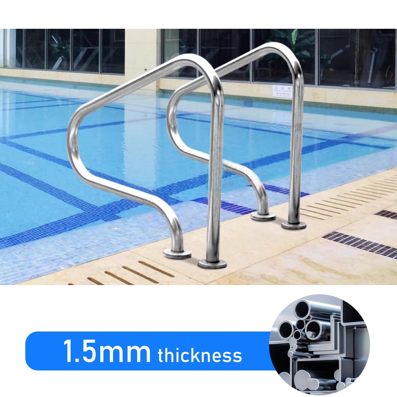 Main courante de piscine en acier inoxydable 304 pour piscines creusées, 80 x 80 cm, capacité de poids de 150 kg, pas de pré-encastrement nécessaire