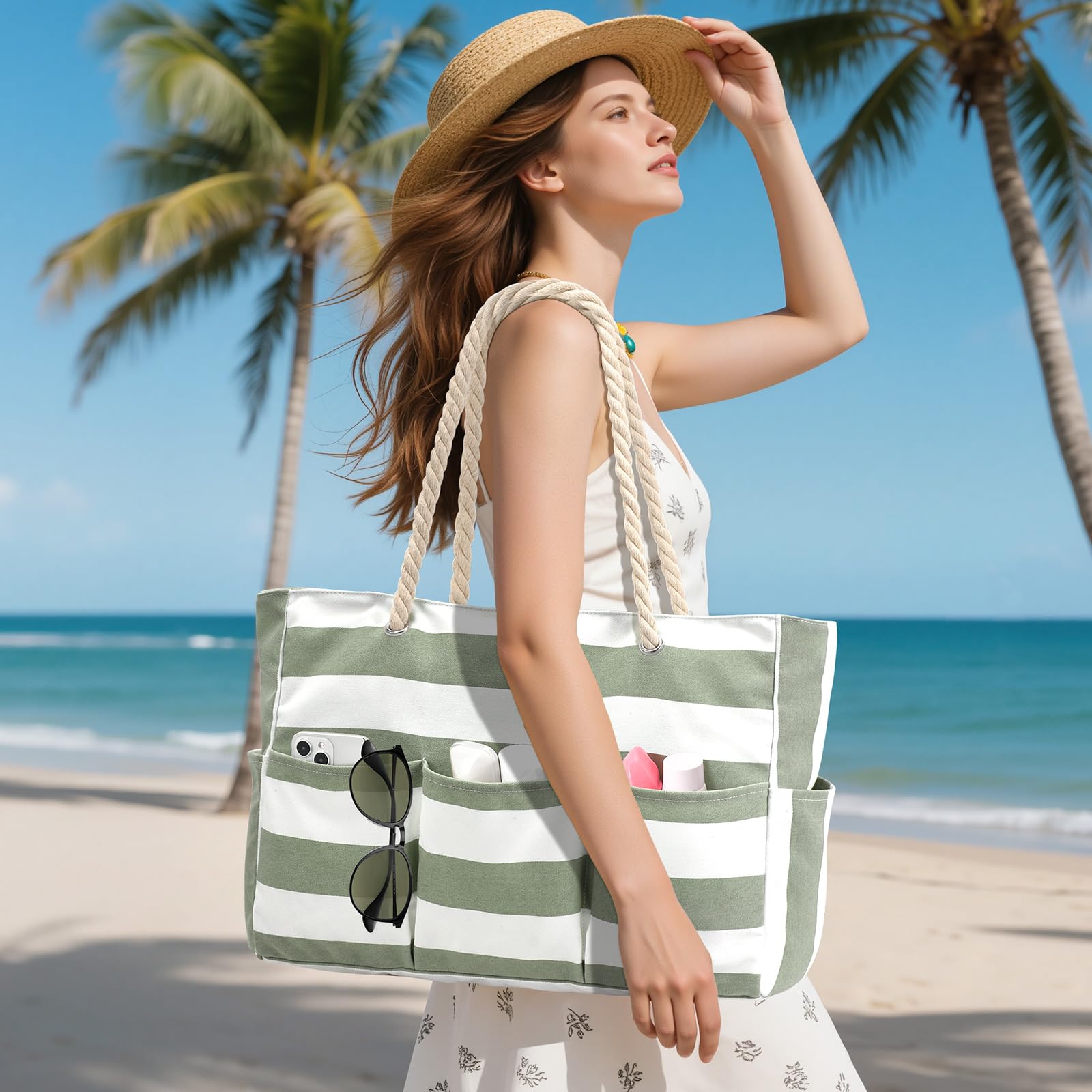 oscaurt Strandtasche Wasserdicht Badetasche XXL Shopper Tasche Damen Vielseitige Umhängetasche mit Reißverschluss Beach Tote Bag Faltbare Reisetasche mit Mehreren Fächern