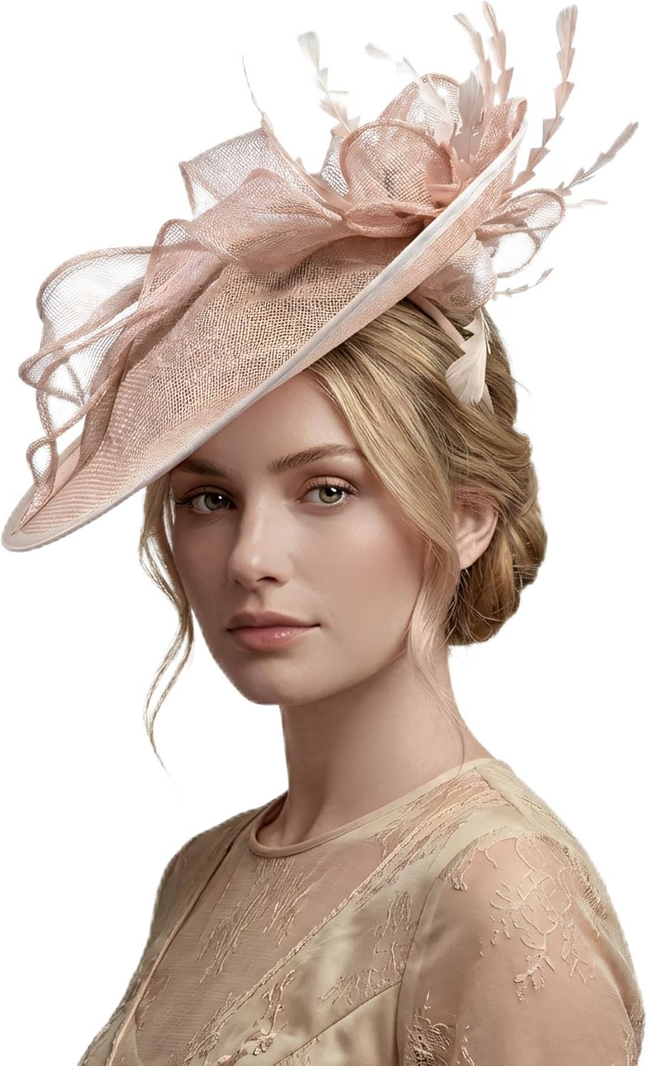 Natural Sinamay Fascinator Hat for Women with Feather Wedding Headpiece with Clip & Headband British Millinery Style for Bridal & Elegant Guest Outfits