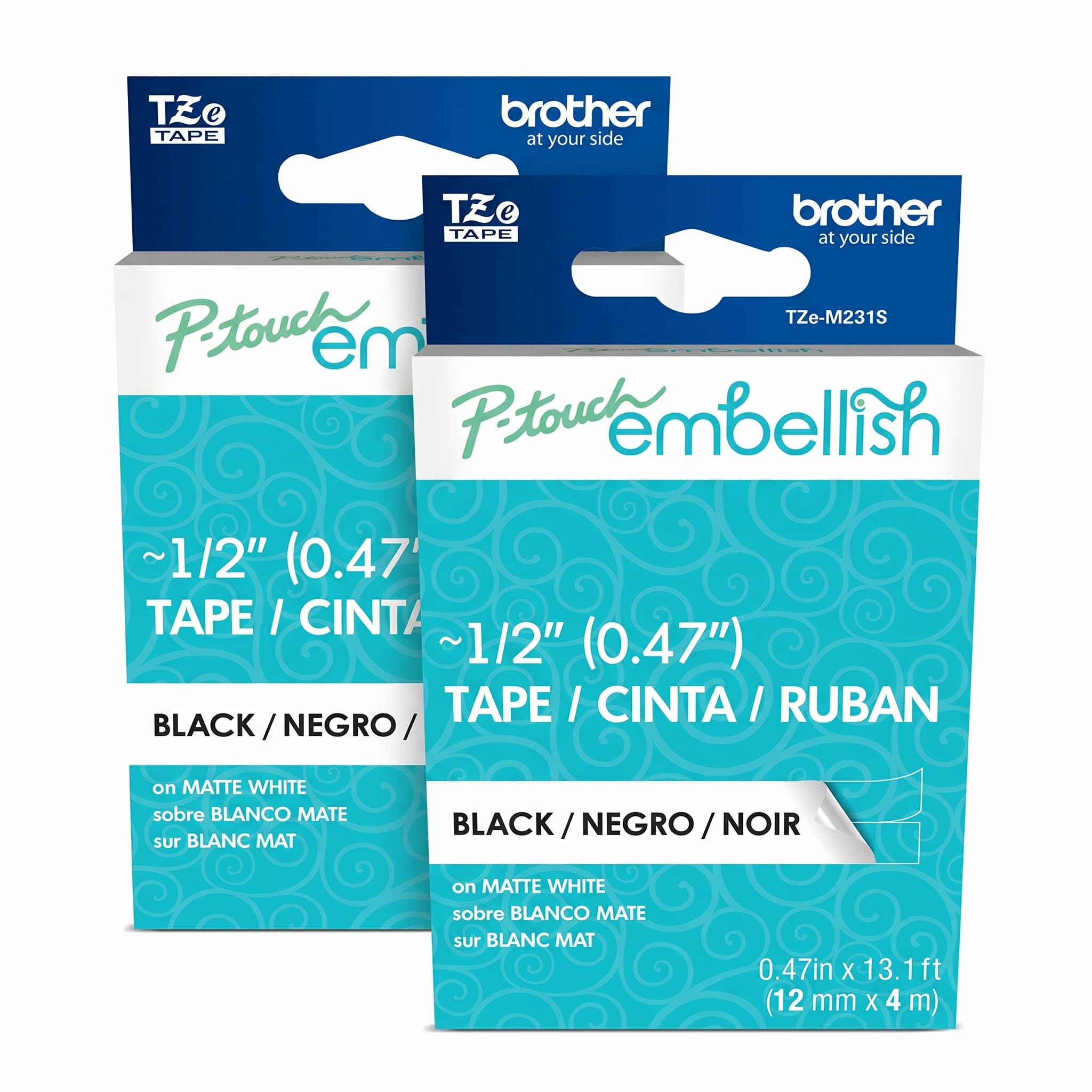 Brother P-Touch Embellish Black Print on Matte White Tape TZEM231S – ~½” Wide x 13.1’ Long for use with P-Touch Embellish Ribbon &amp; Tape Printer, TZE-M231S (Pack of 2)