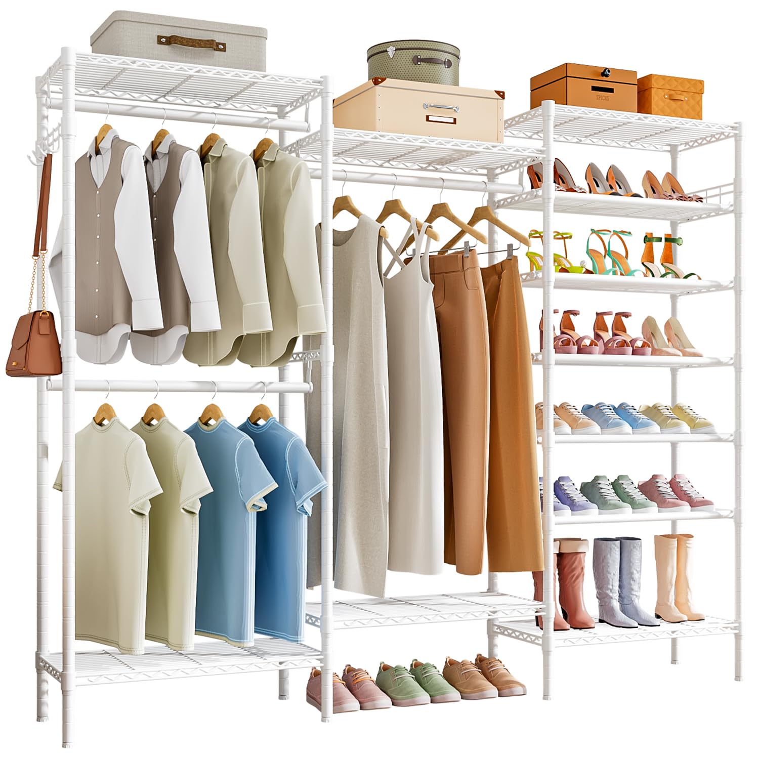 Forthcan Heavy Duty Clothes Rails Free Standing Clothes Rail Coat Rails Clothing Closet Storage Organizer Large Wardrobe with Shoe Rack, Hanging Rod, Adjustable Shelf (White)