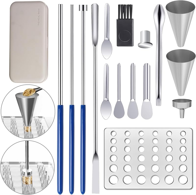 Kit de bandeja de llenado de cápsulas: herramientas de cápsulas para hacer cápsulas de gel vacías de todos los tamaños 000 00 0 1 2 3 4 5, cucharas de laboratorio, espátulas, herramienta