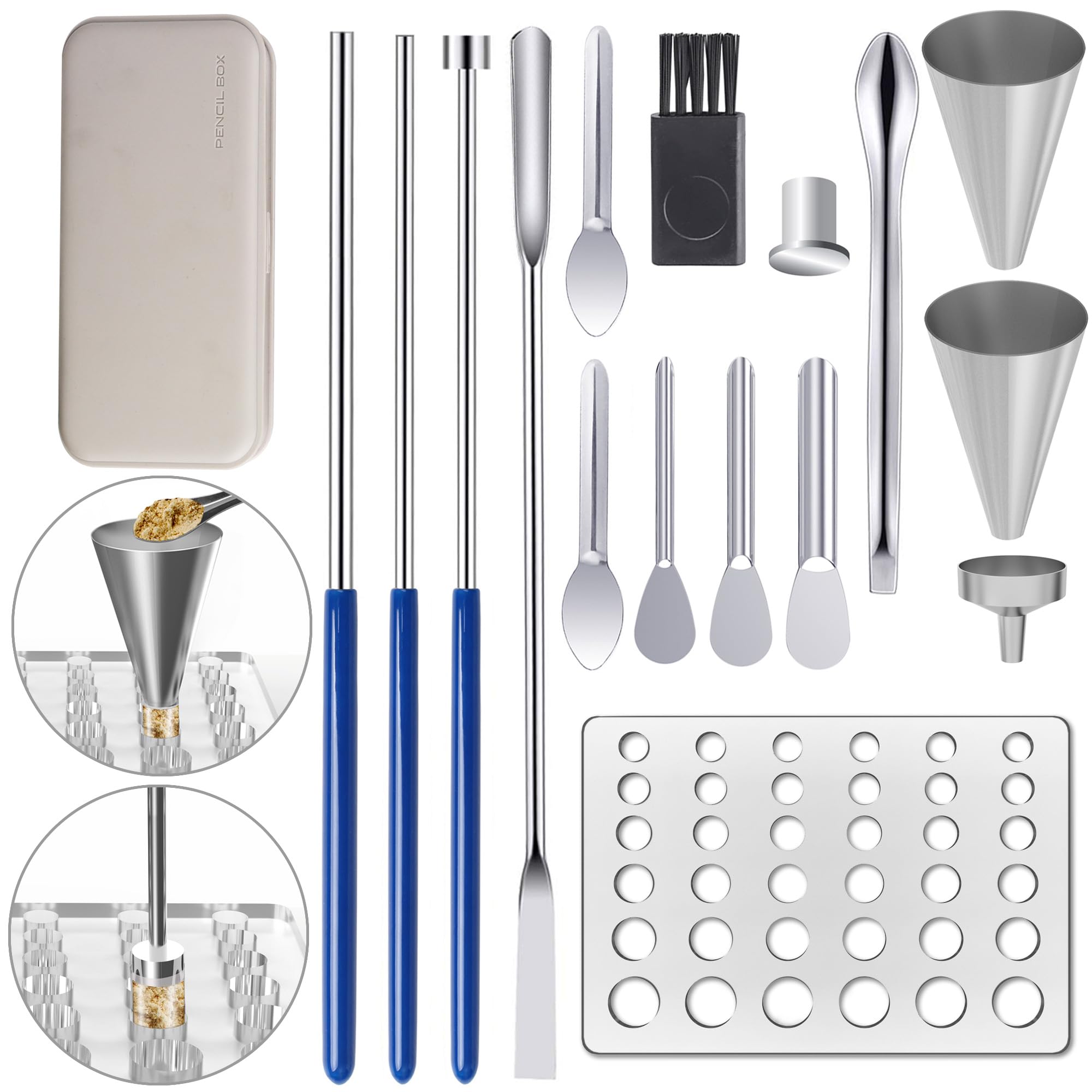 Kit de bandeja de llenado de cápsulas, herramientas de cápsulas para fabricador, cápsulas de gel vacías de todos los tamaños, 000 00 0 1 2 3 4 5, cucharas de laboratorio, espátulas, herramienta