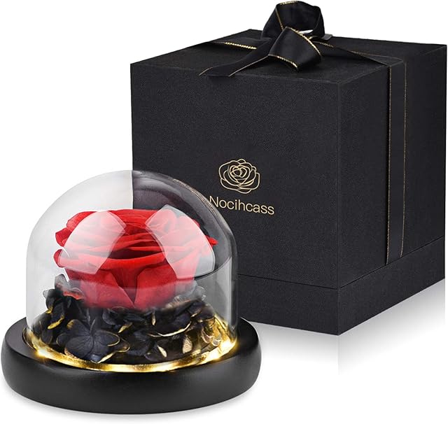 Eternal Rose- Preserved Flower Rose Handmade Gift Box Rose in a Glass Dome with LED Light to Girl Women for Valentine's Day Mother's Day Anniversary Birthday