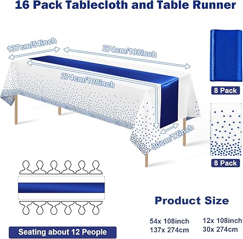 Miniatura 2 de Juego de 16 manteles de plástico desechables y camino de mesa de satén, mantel de punto blanco y azul, camino de mesa de satén azul para boda,
