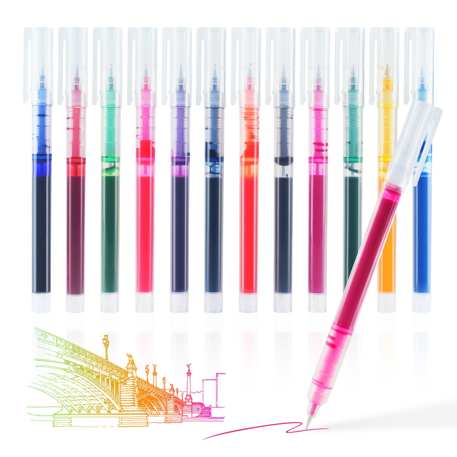 SMOOTHERPRO Gel Ink Pens | 0.5mm Fine Point Coloured Biro Rollerball Pens Set | Quick-Drying Gel Pens for Writing & Drawing Stationery Home School Office (CGP012C) | Multicolour | 12 Pcs