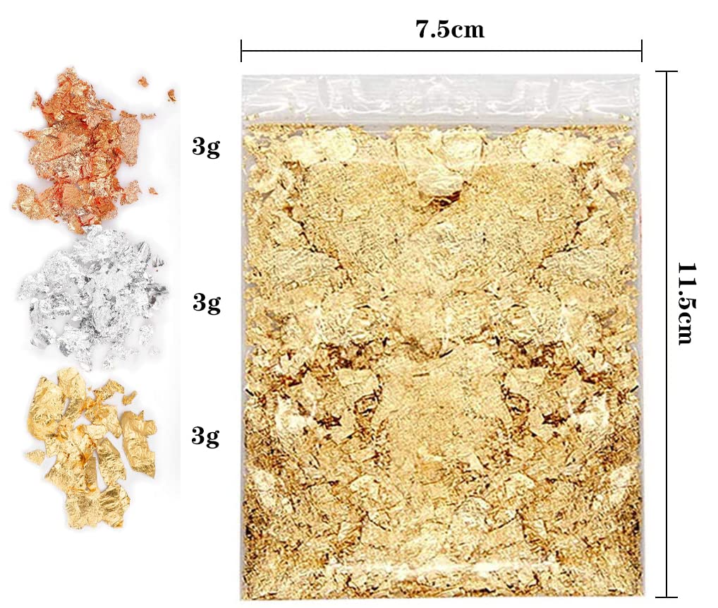 Gendako 3 Bolsas Copos Hojas Metálicos, Pan de Oro de Imitación Lámina Metálica de Oro Hojas de Papel de Aluminio Dorado para joyería de Resina, Pintura, Manualidades y Arte de uñas