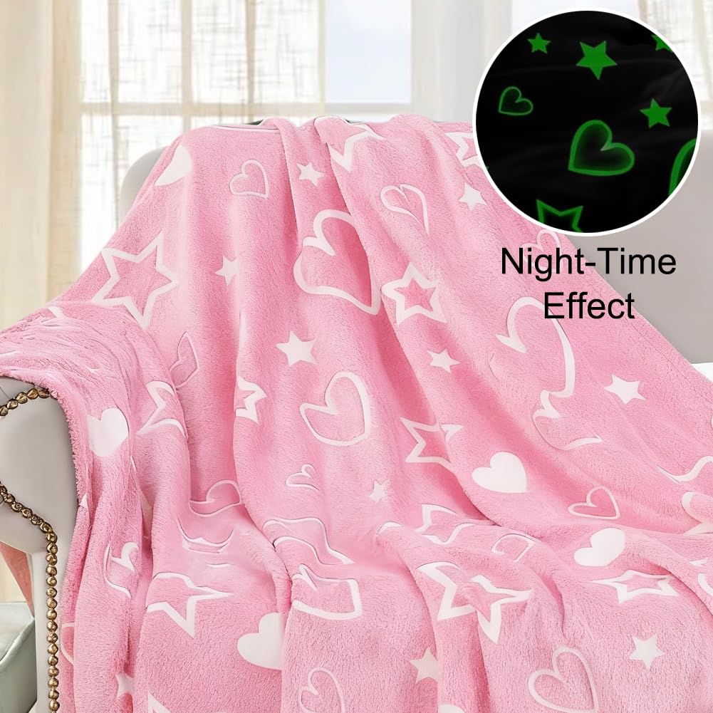 Coperta pile luminosa bambini - 150 x 130 cm coperta che si illumina al buio, coperte regali per Natale, compleanno, Pasqua(cuori rosa)
