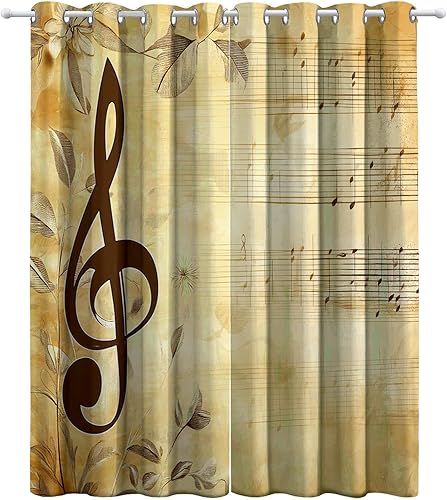 Miniatura 7 de 52" W x 108" L 2 Panel Grommet Room Darkening Window Curtain Drapes, Tan Window Drapes Decor, Retro Musical Note Plant Leaves Print Curtains for