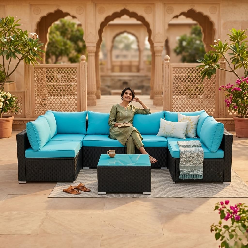 LOCCUS 5-Piece Outdoor Patio Furniture Set, All-Weather Wicker Sectional Sofa HDPE Rattan Conversation Set with Cushions & Center Table for Garden, Poolside, Porch (Black & Sky-Blue)-image-36