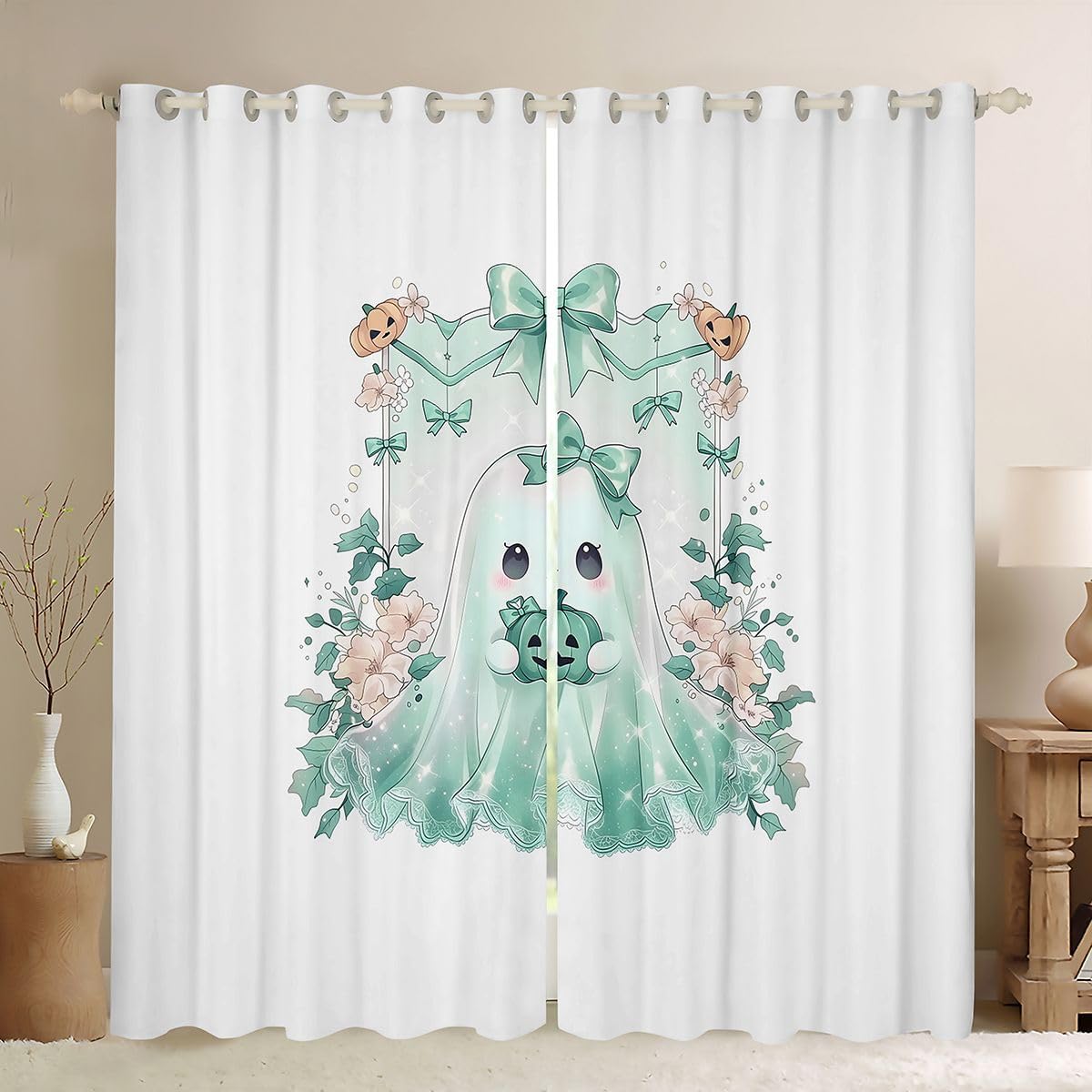 Castle Fairy Green Bow Ghost Blackout Curtains Cartoon Floral Bowknot Pumpkin Window Drapes,Halloween Theme Window Treatments,Kids Boys Girls Room Decor,Grommet Top 2 Panel Set Curtains, 42Wx63L inch