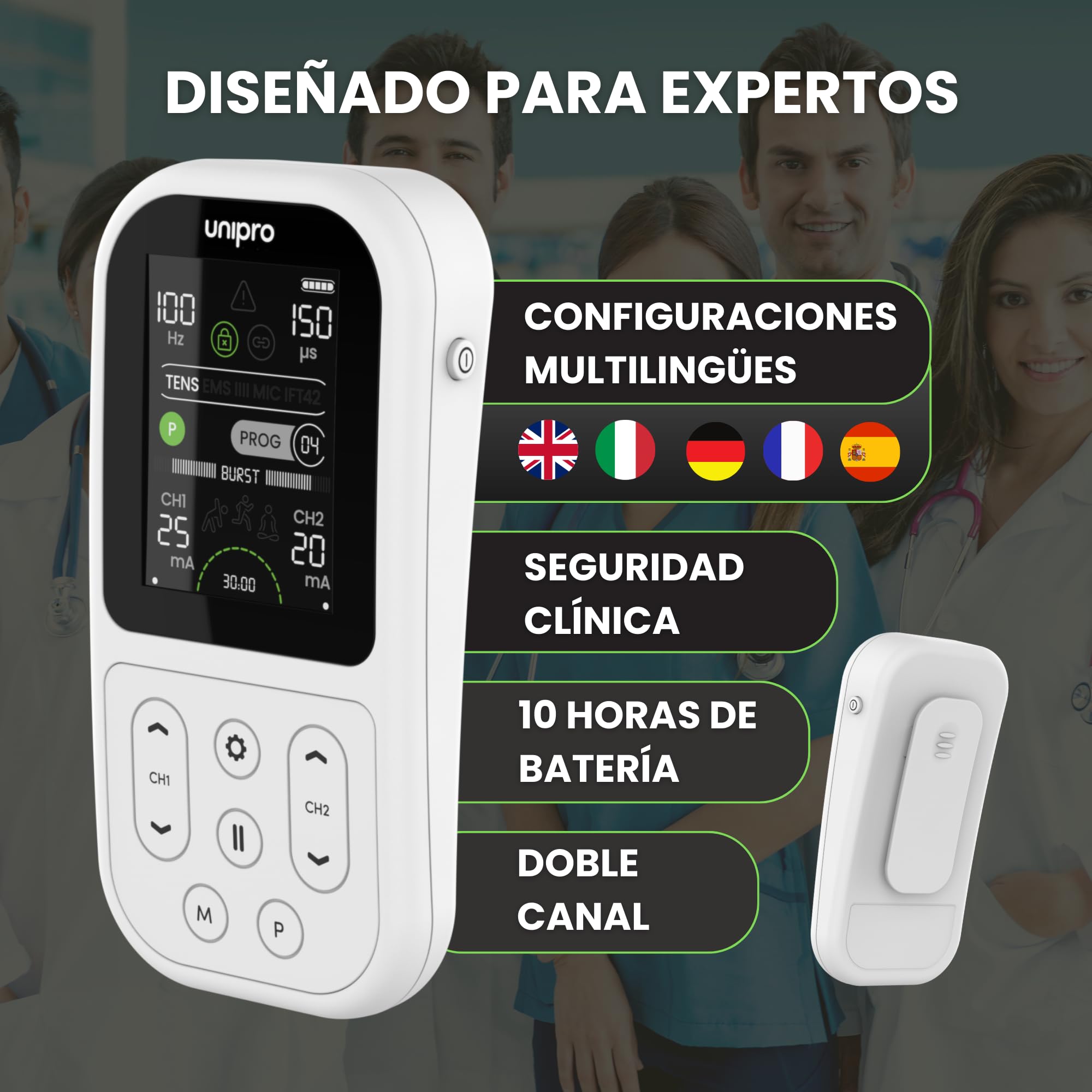 TensCare Unipro +16 Electrodos 4 en 1 TENS EMS IFT | Incluye 16 electrodos para alivio del dolor, microcorriente, fisioterapia y fortalecimiento muscular.