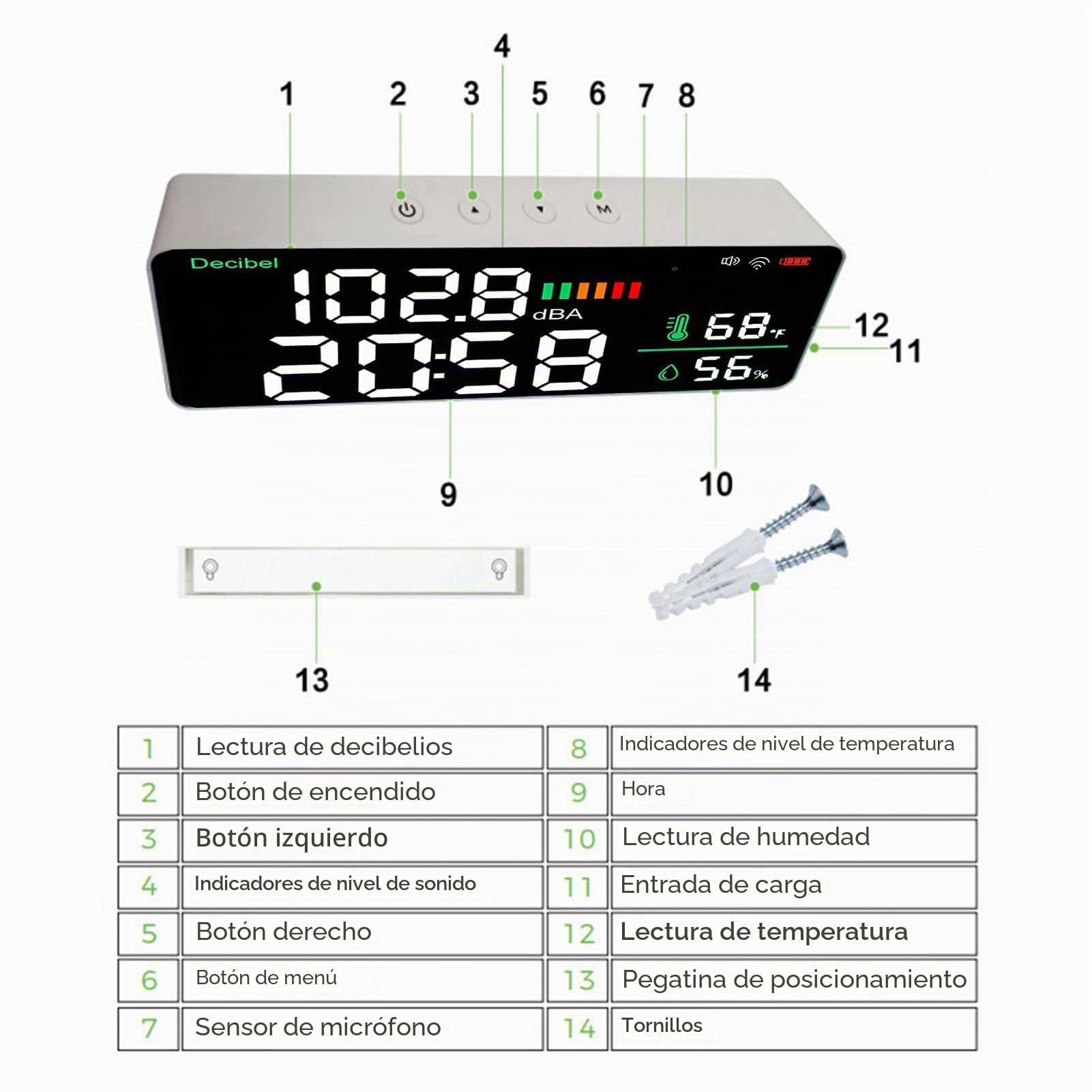 Generic Medidor de Nivel de Sonido LED WiFi Medidor de Decibelios Montado en la Pared de 11 Pulgadas Brillo Ajustable Temperatura Humedad Pantalla de Tiempo Lector de Nivel de Sonido para, Perfecto