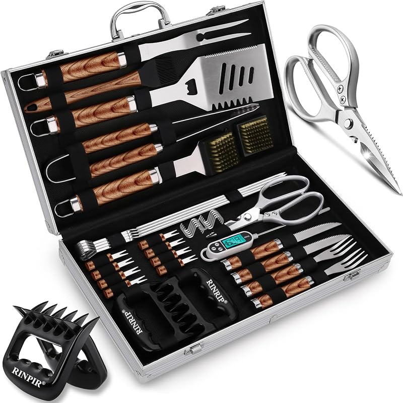 RINPIR 35pcs Grilling Tools Gifts Set with Scissors for Men Birthday Brown | Stainless Steel BBQ Accessories Kit for Dad Father’s Day, Professional Grill Utensils with Aluminum Case for Outdoor Camping