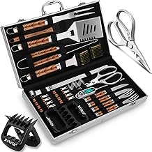 35pcs Deluxe Grilling Gifts Set for Birthday Fathers Day, Stainless Steel BBQ Accessories Kit for Men Dad, Professional Grill Tools Utensils with Scissors, Meat Claws in Aluminum Case Brown
