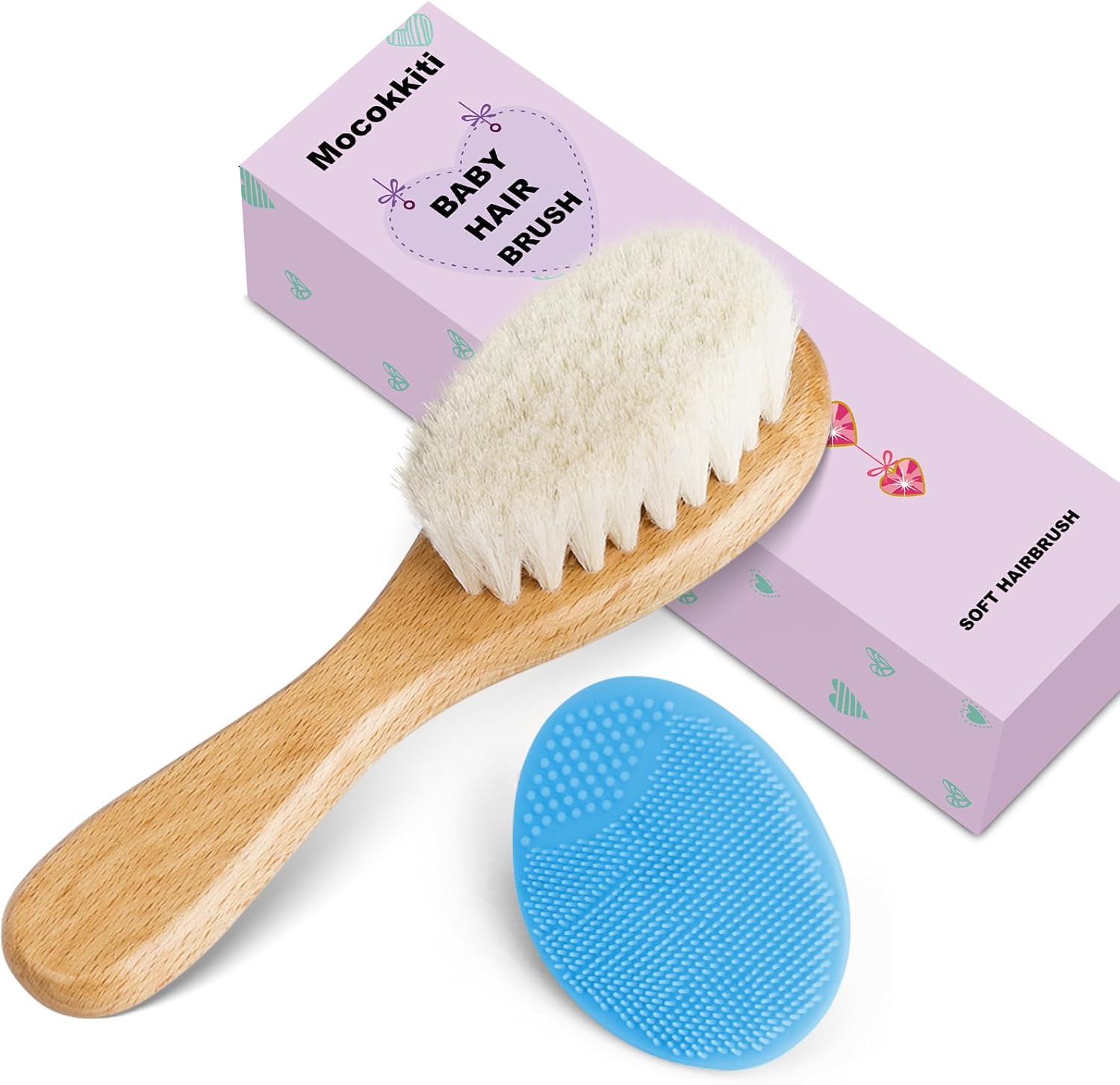 Baby Hair Brush, Mocokkiti Goat Bristles Brush and Baby Cradle Cap Brush Set for Cradle Cap Wood Bristle Brush for Newborns and Toddlers, Blue Silicone Brush (2PCS)