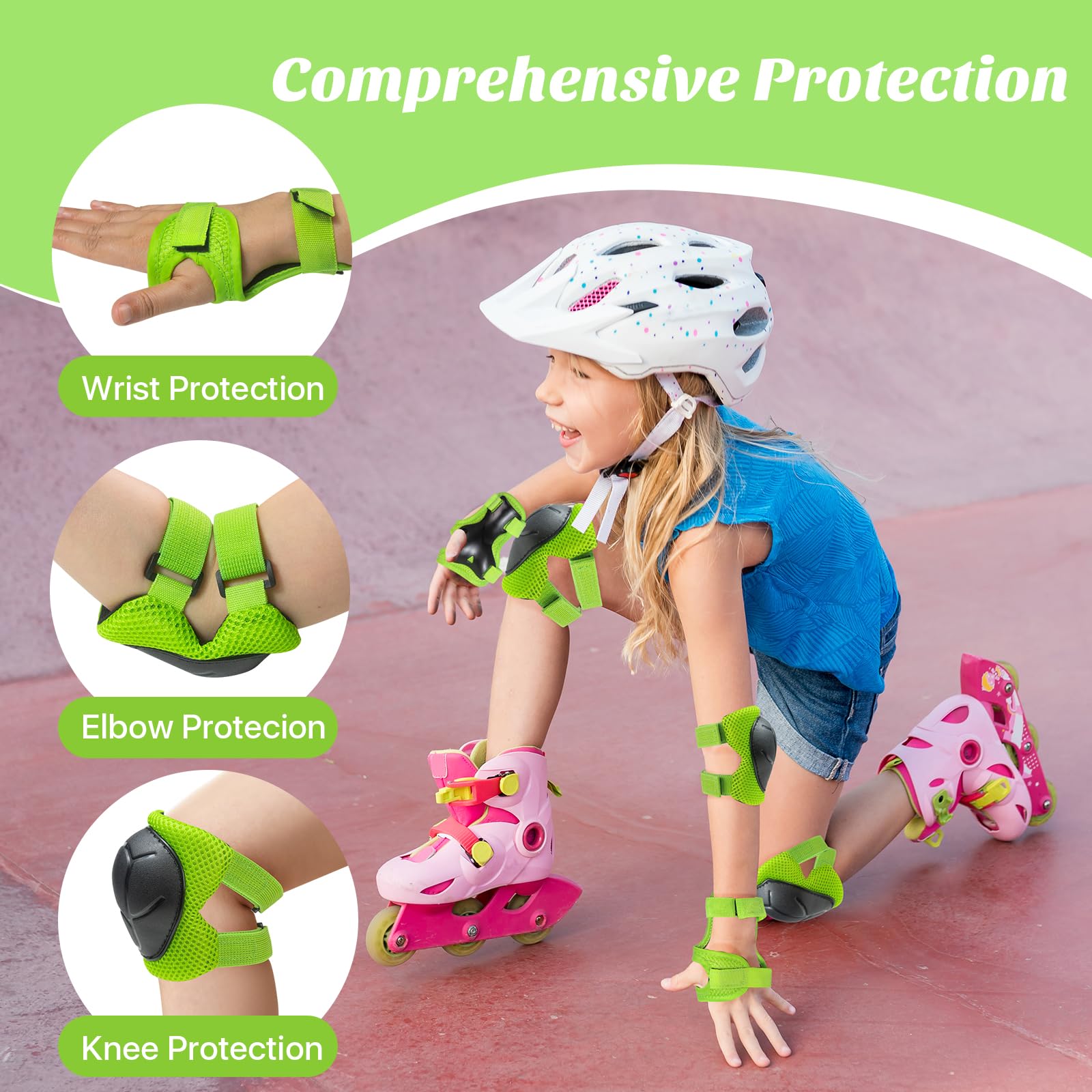 Ginocchiere per bambini, con casco, 3-10 anni, set di protezioni per pattini in linea, scooter, pattini a rotelle (nero