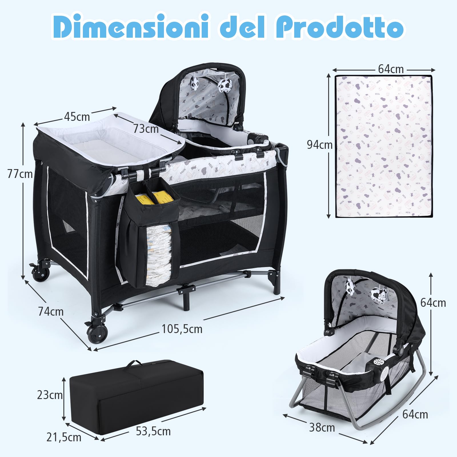 COSTWAY Culla Campeggio Bambini 5 in 1, Lettino Viaggio Neonati Pieghevole con Materasso, Fasciatoio e Tettoia, Box Portatile con Ruote, 2 Giocattoli Appesi e Carillon, per Bambini 0-3 Anni (Bianco)
