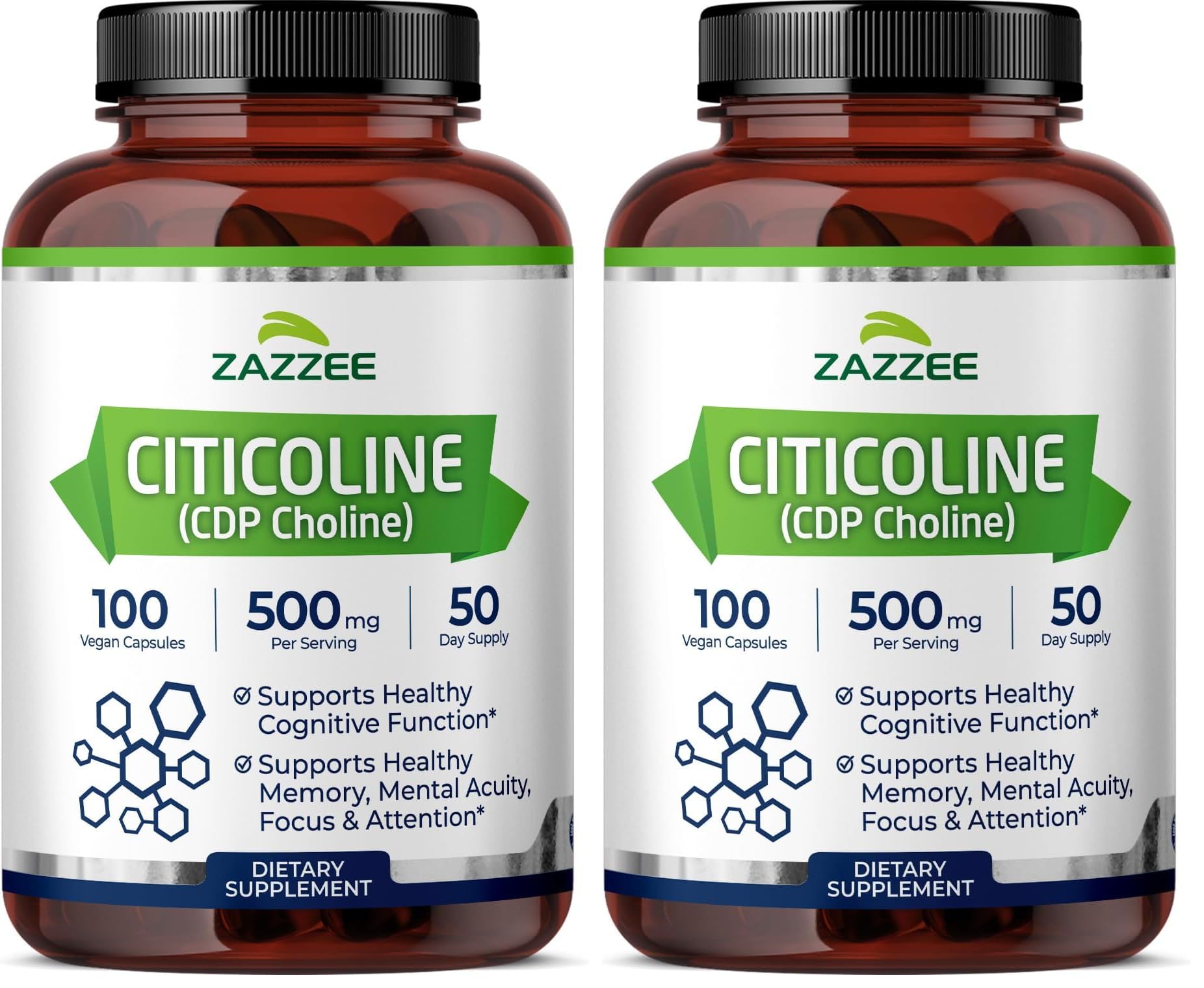 Zazzee Extra Strength Citicoline, 500 mg per Serving, 100 Vegan Capsules, Superior CDP Choline Form, 100% Vegetarian and Pharmaceutical Grade, 50-Day Supply, All-Natural and Non-GMO (Pack of 2) 100 Count (Pack of 2)