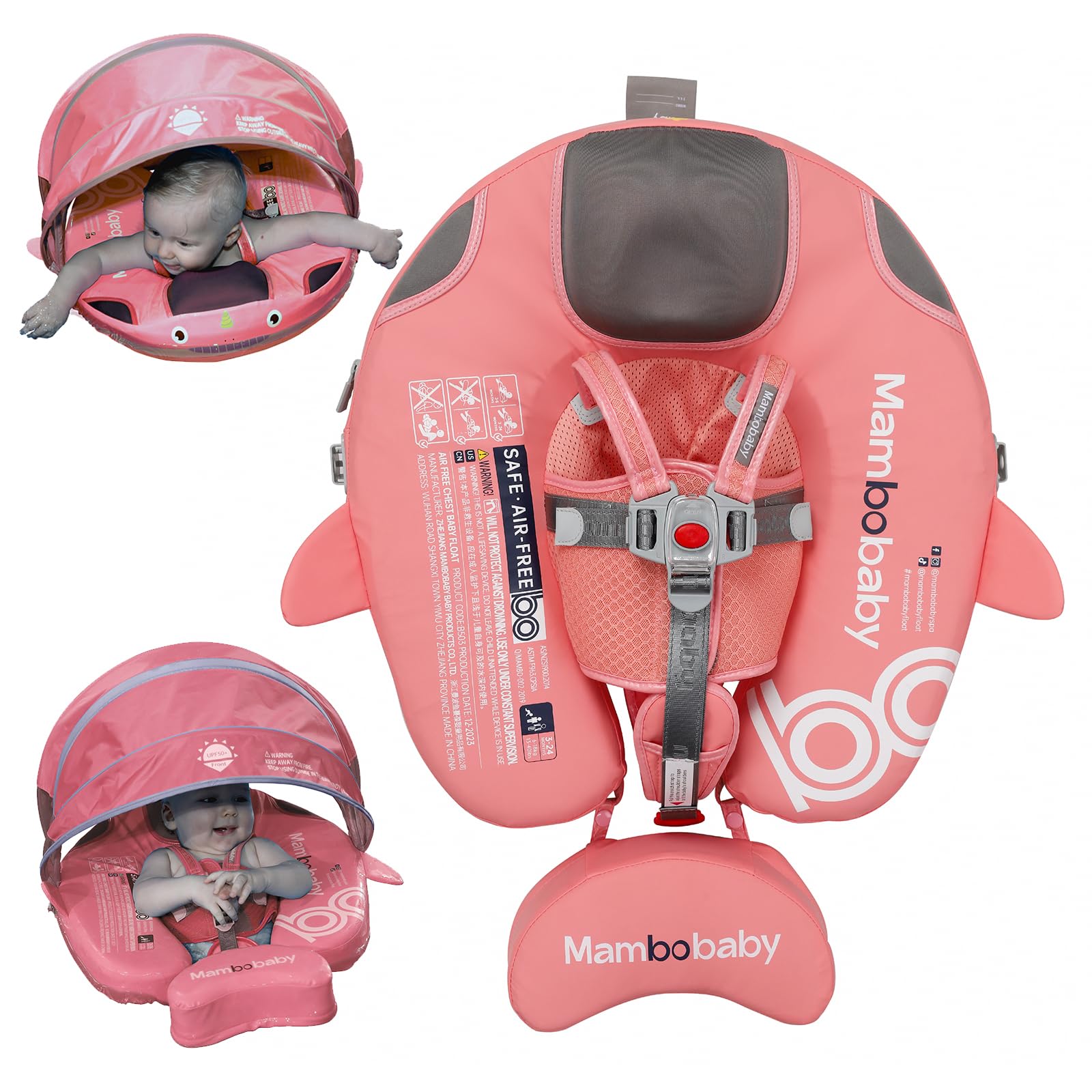 Mambobaby Float with Removable UPF50+ UV Sun Protection Canopy, Infant Pool Float Swimming Float with Tail & Adjustable Safety Seat, Baby Floats for Pool Bathtub (Narwhal Pink-)
