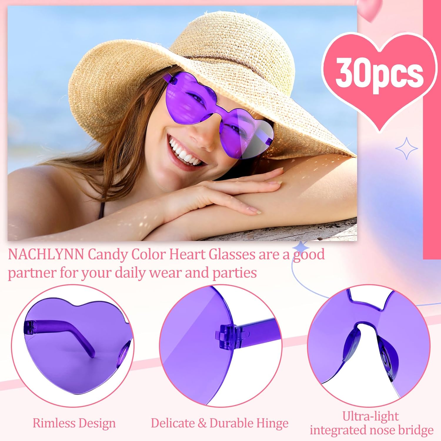NACHLYNN 30 Pairs Heart Sunglasses Candy Color Heart Glasses Women Rimless Heart Shaped Sunglasses for Costumes Cosplay - Image 3