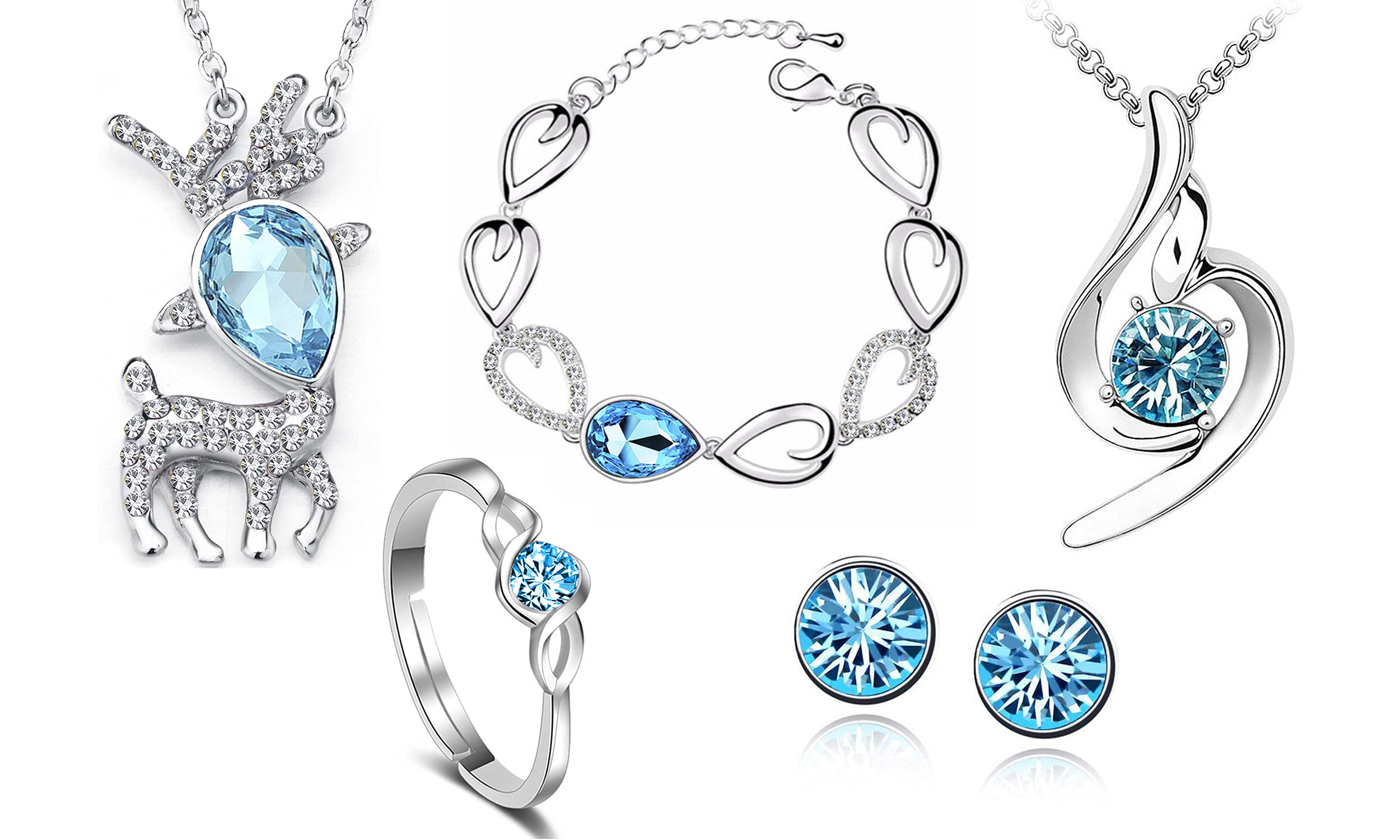 Okos Rhodium Plated Crystal Jewellery Combo Of Reindeer Pendant And Curvy Pendant, Link Bracelet, 1 Pair Of Tops And Adjustable Solitaire Ring Studded With Blue Crystals For Girls And Women CO1000397 (B09492QQYW) Amazon Price History, Amazon Price Tracker