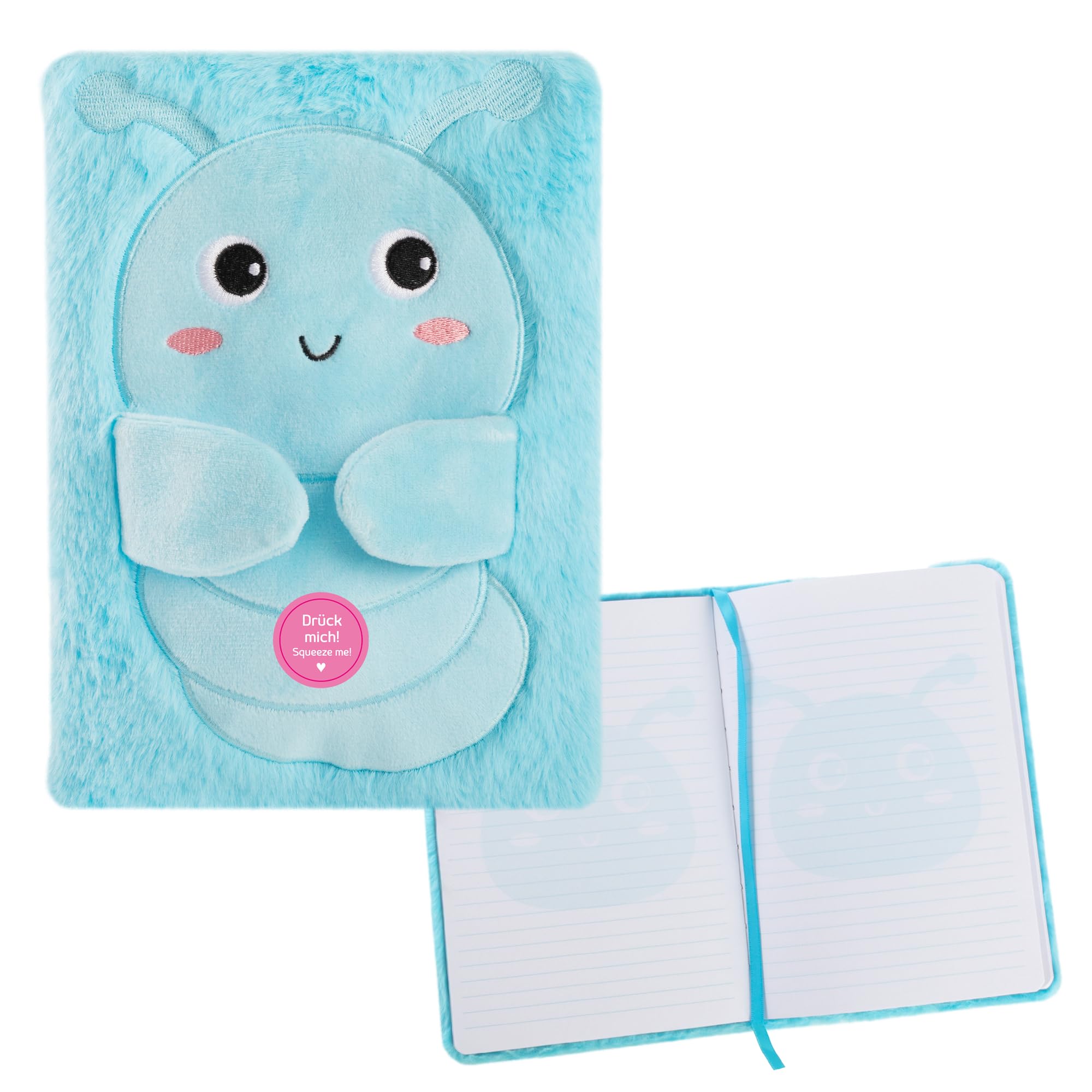 Idena Fluffy Caterpillar 12105 A5 Lined Notebook 80 Sheets 80 g/m² White with Bookmark Ribbon and Plush Cover