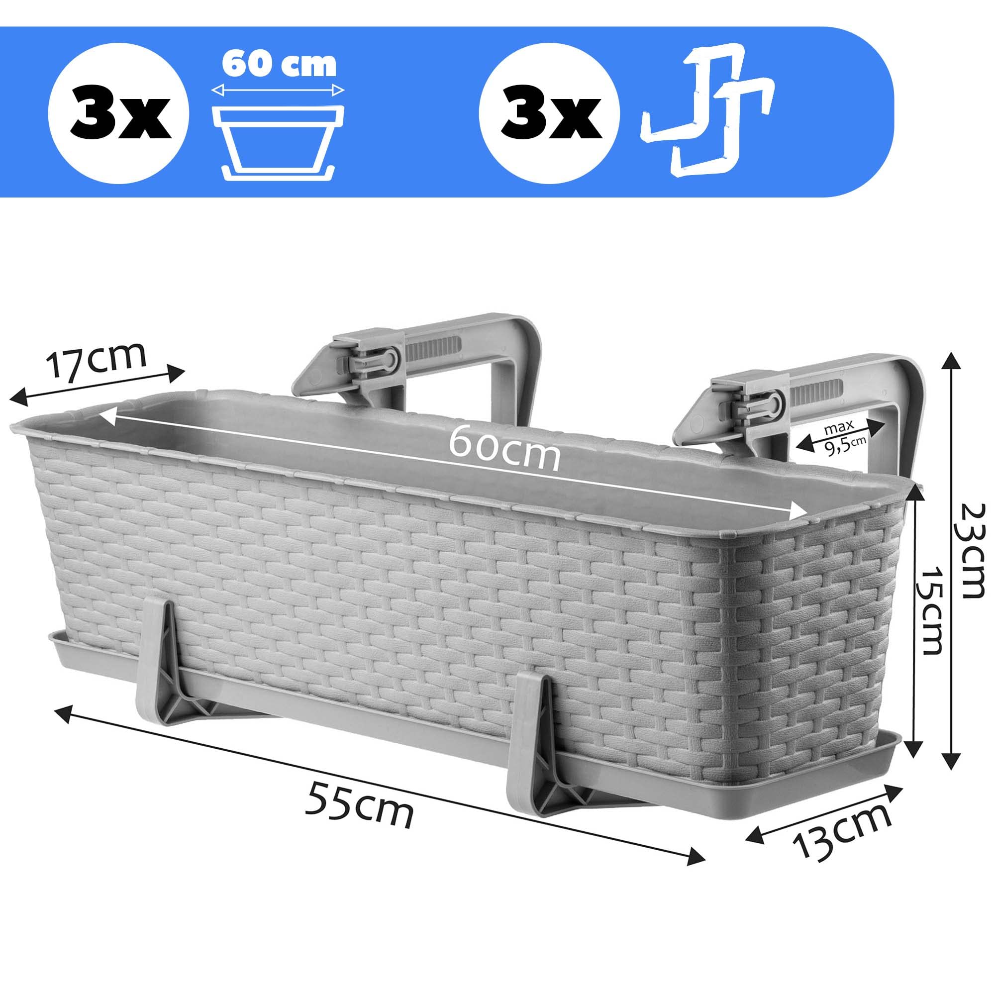 KADAX Macetas de Plástico Imitación Ratán, Maceteros Rectangulares con Platillos y Soportes para Exterior, Jardineras Colgantes (3: Gris, 60 cm, Aprox. 36L)