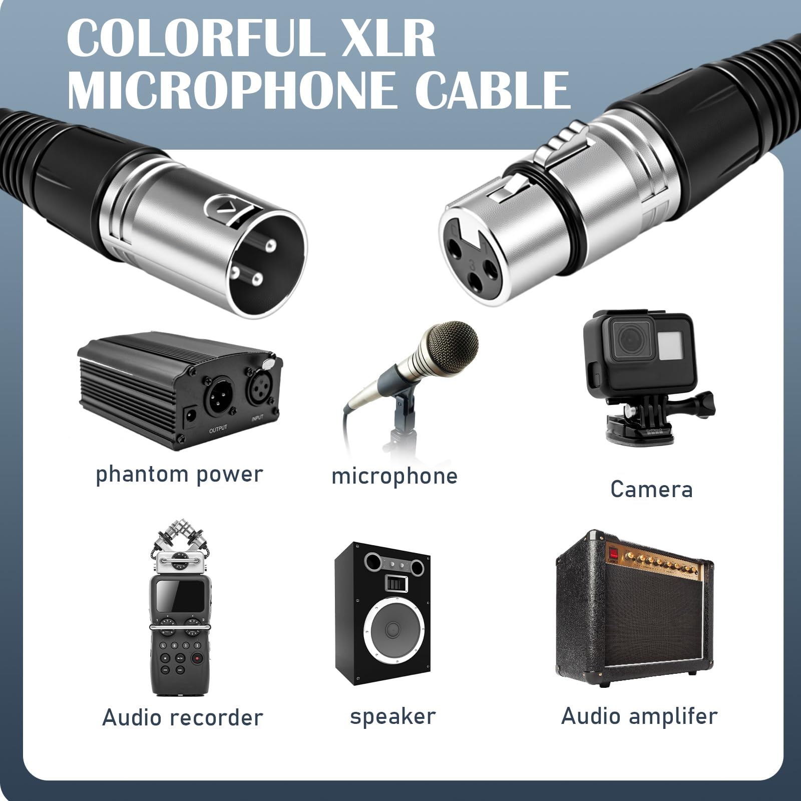 Copkim Confezione da 6 cavi XLR luminosi da 7,6 m, a 3 pin, bilanciati, per microfono, mixer, studio di registrazione, podcast, colore nero