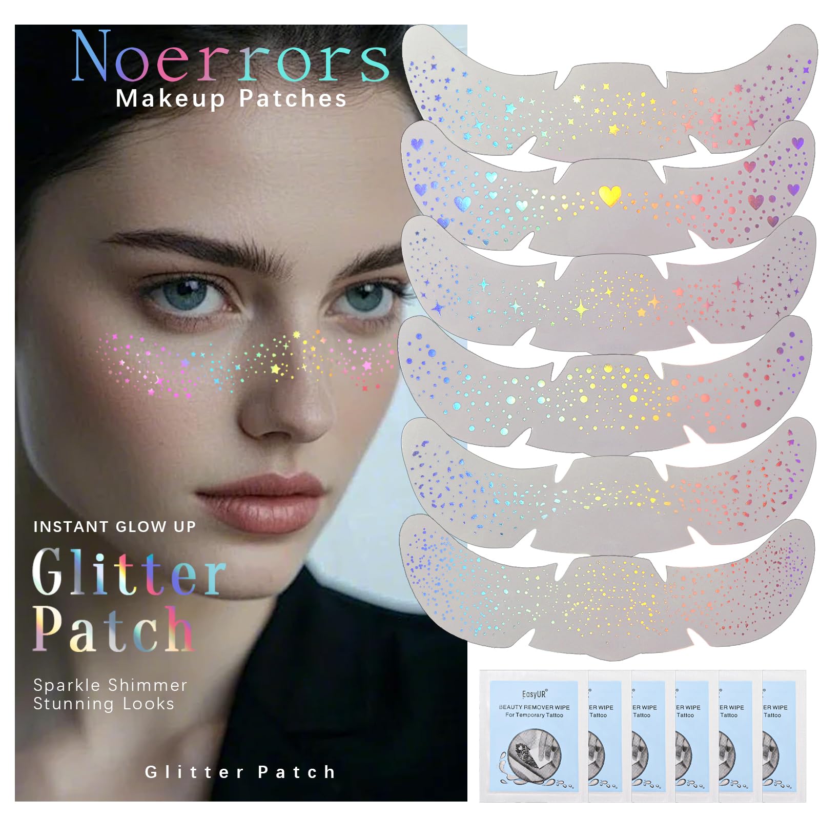 Noerrors 6pcs Glitter Freckles Face Tattoo, Multichrome Holographic Sparkle Face Glitter Speckles Patches