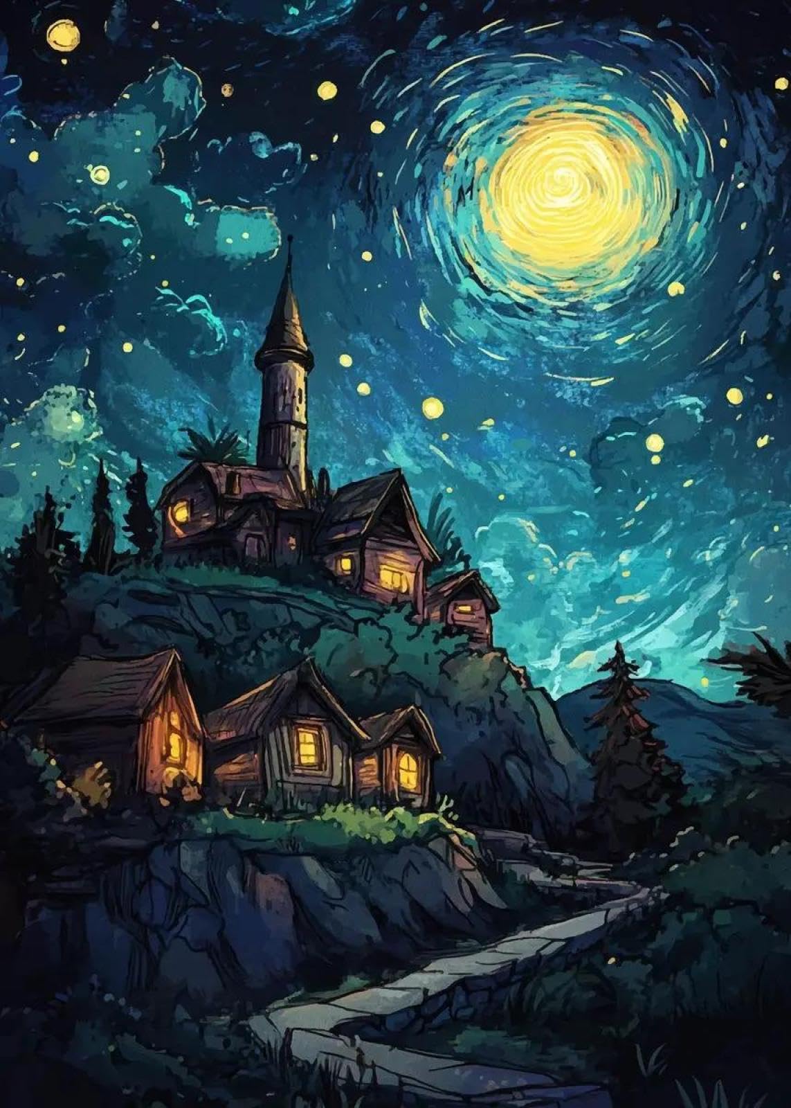 Yocheng Abstract Landscape Poster Prints House Night Canvas Painting Wall Art For Living Room Home Decor 21x30cm No Frame
