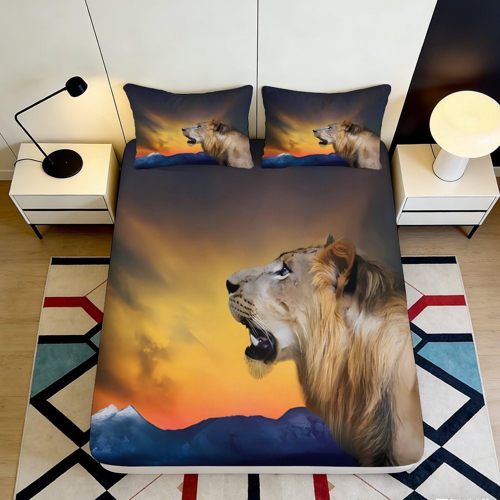 3D Printed Lion Sunset Fitted Sheet Microfiber Soft Anti-Slip Mountain Mattress Cover for Bedroom Home Decor 160x200x25cm