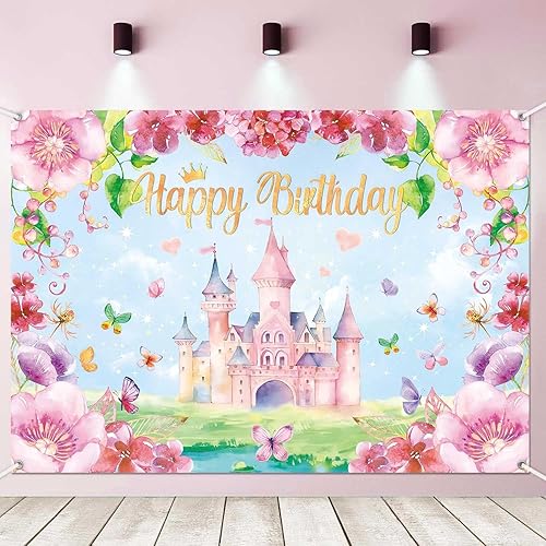 Telón de fondo de castillo de princesa, acuarela, castillo de mariposa, pancarta para fiesta de cumpleaños de niña, suministros de decoración de