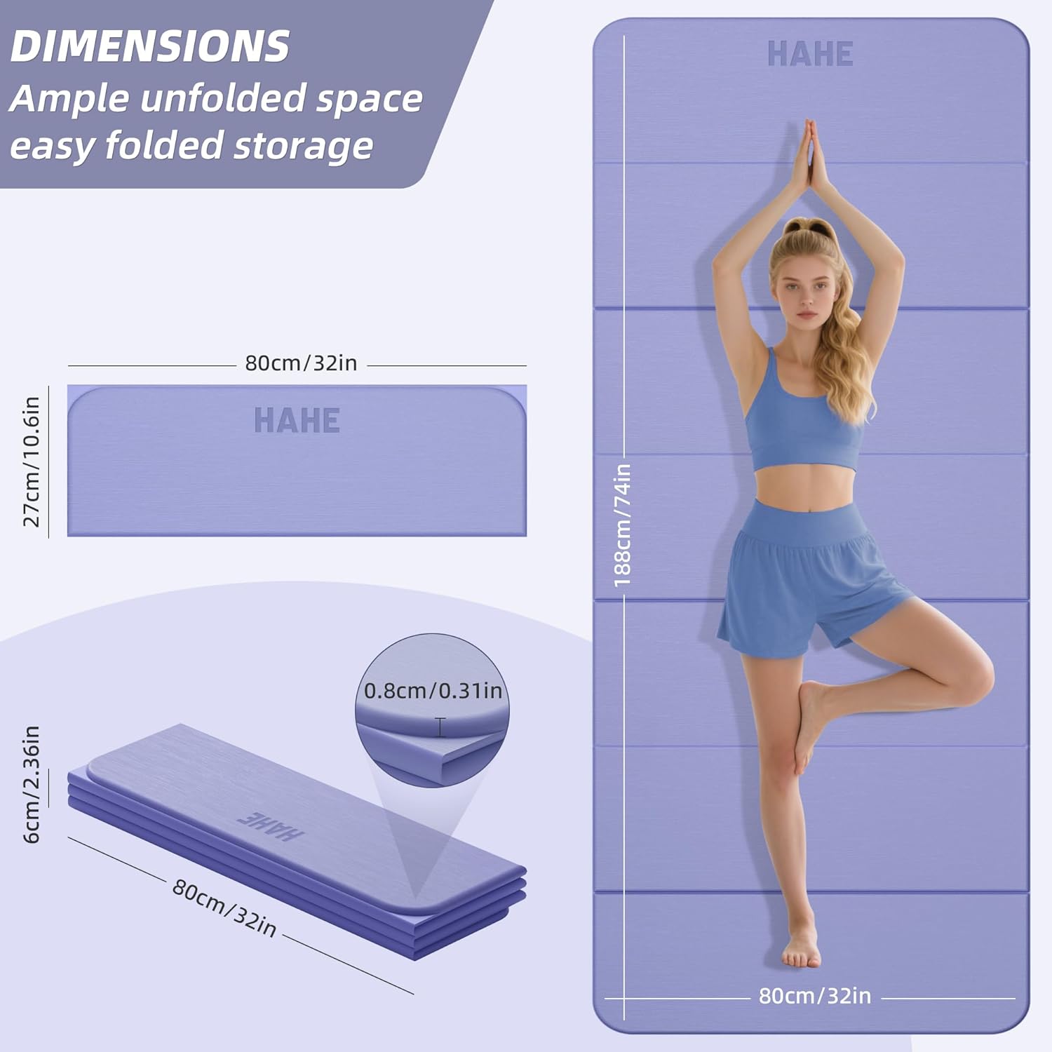Foldable Yoga Mat,74"Lx32"Wx1/3"Thick,Folding Exercise Mat,Non-slip Wide Pilates Mats for Home Workout/Travel, Portable Yoga Mat Thick for Yoga/Pilates/Camping/Floor Exercises Purple
