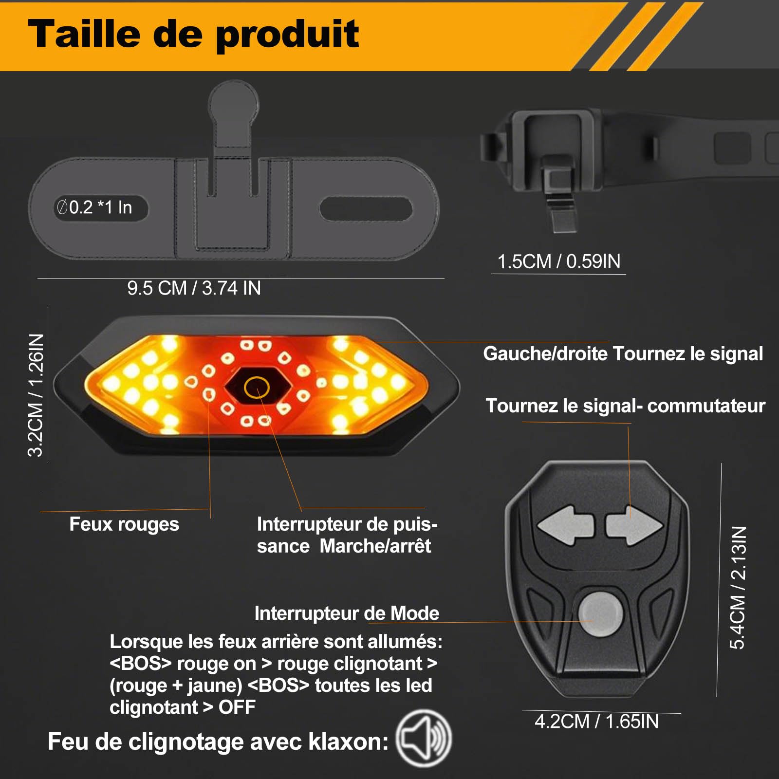 EBUYFIRE Feu Arrière Vélo LED Clignotants Télécommande 5 Modes IPX4 USB Rechargeable Klaxon Montage Universel