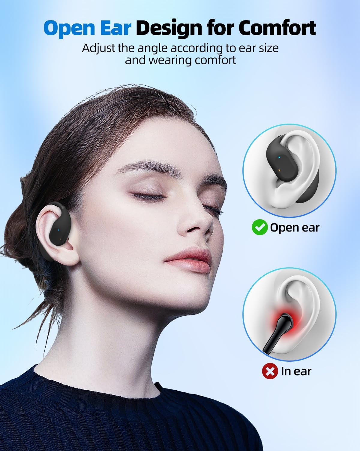 Open Ear Headphones, Wireless Bluetooth Headphones 5.3 Sports with Adjustable Ear Hooks, Touch Control Earphones, LED Display Charging Case and 50H Playtime for Men and Women