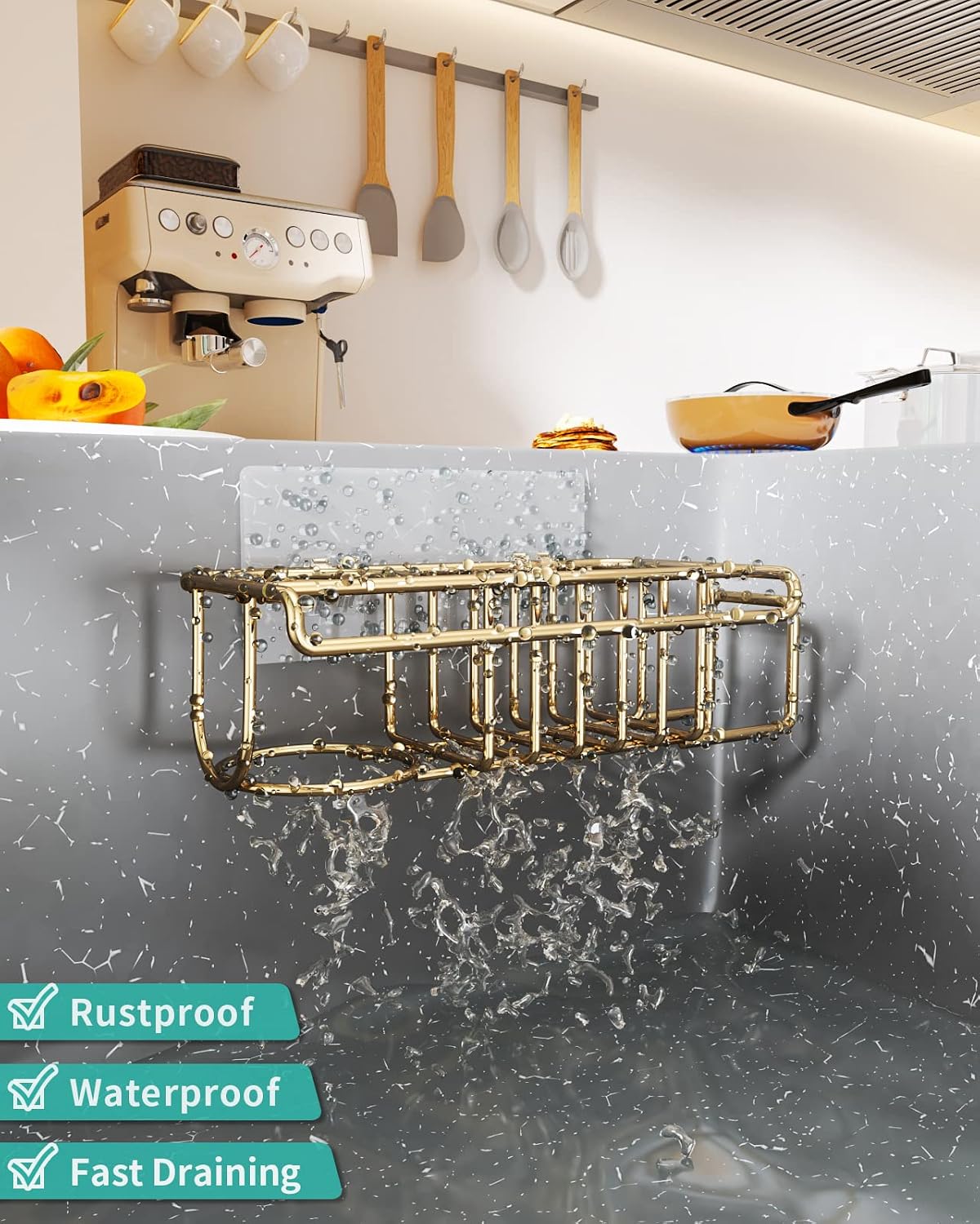 HapiRm Sponge Holder for Kitchen Sink - No Drill Kitchen Sink Caddy, Rustproof and Waterproof Kitchen Organizer - Gold
