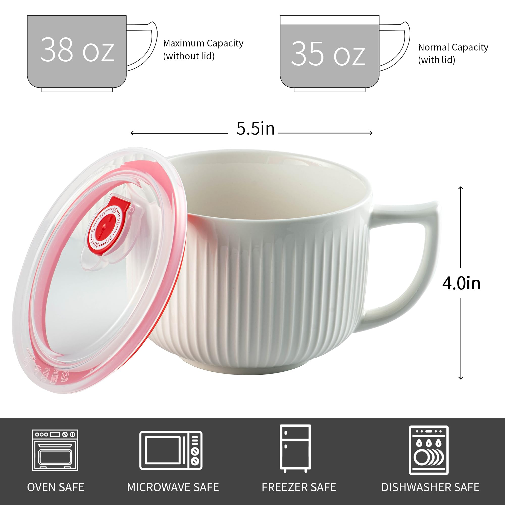 Tazón de sopa de cerámica con asa y tapa, jumbo de 38 onzas para microondas para ramen, juego de 2 | Taza de sopa con mango en D ancho y cómodo para fideos, avena, ensalada, recipiente de sopa para almacenamiento de sobras